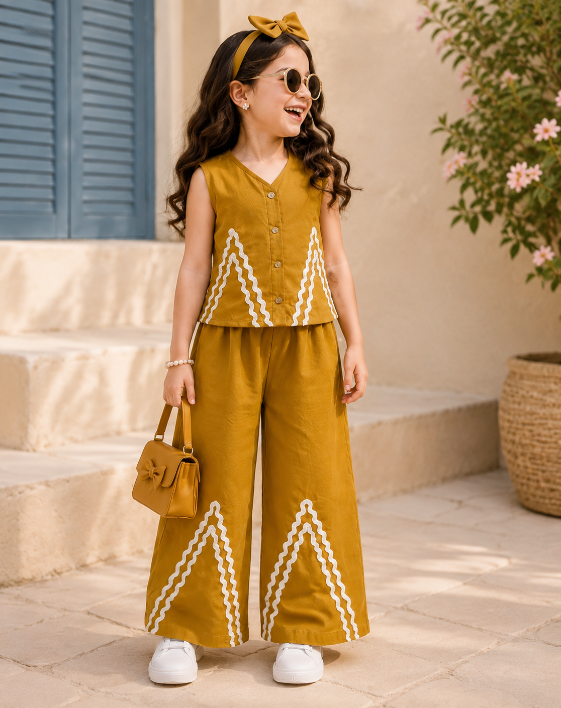Mustard Wave Detail Wide-Leg Co-ord Set for Girls