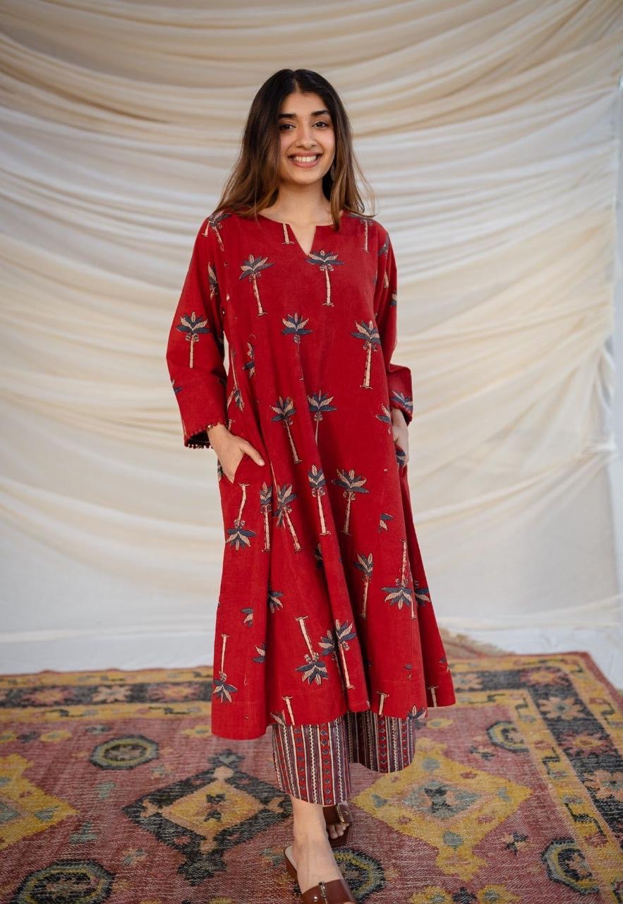 Crimson Red Palm Tree Printed Flared Kurta & Trousers Set