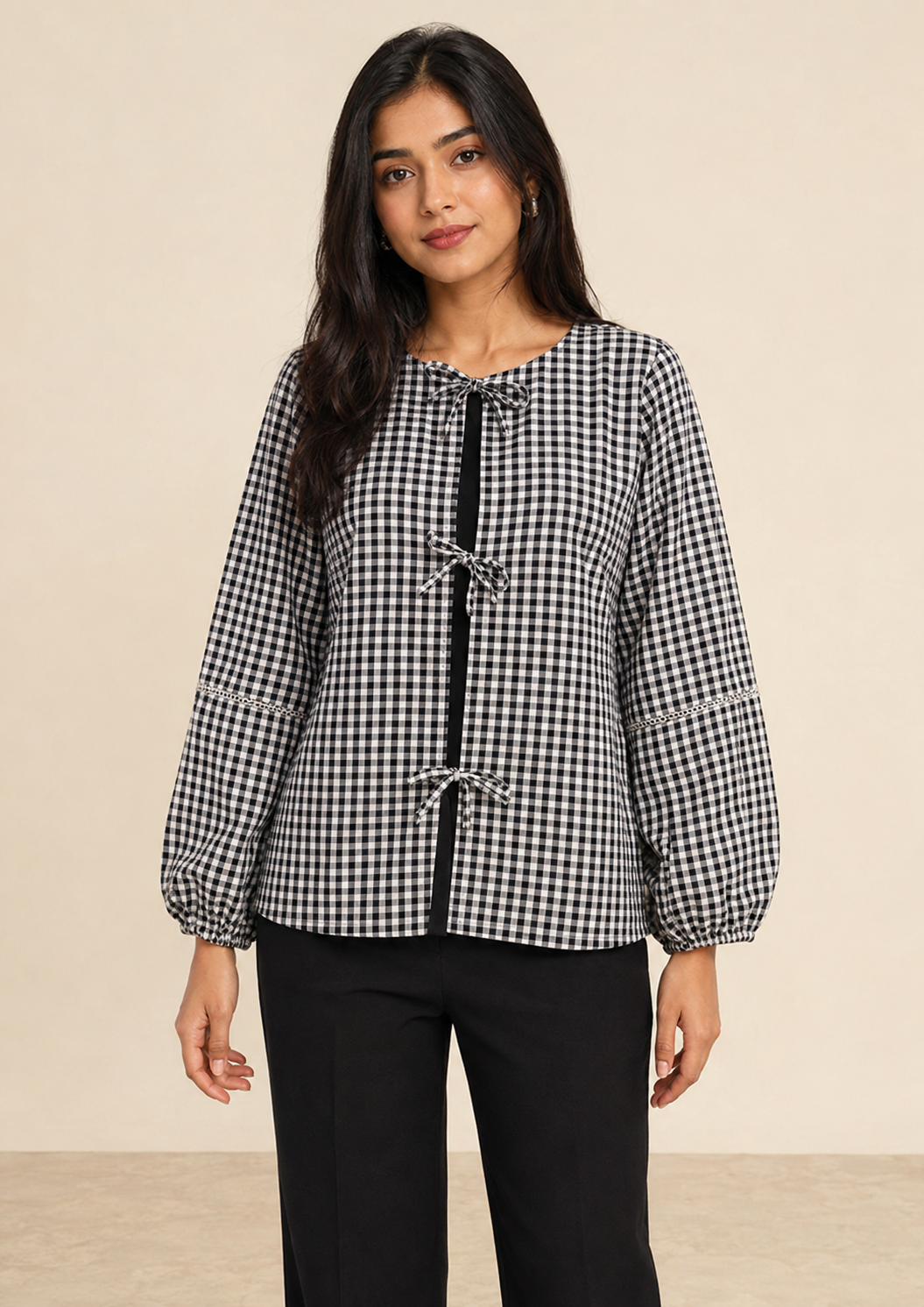 Black White Gingham Cotton Tie-Up Top