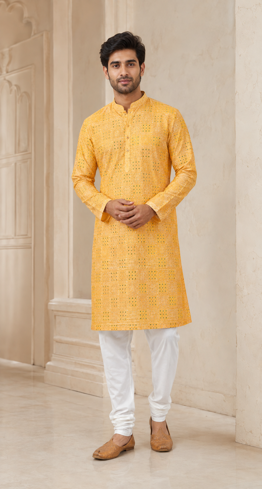 Mustard Yellow Printed Cotton Kurta for Men