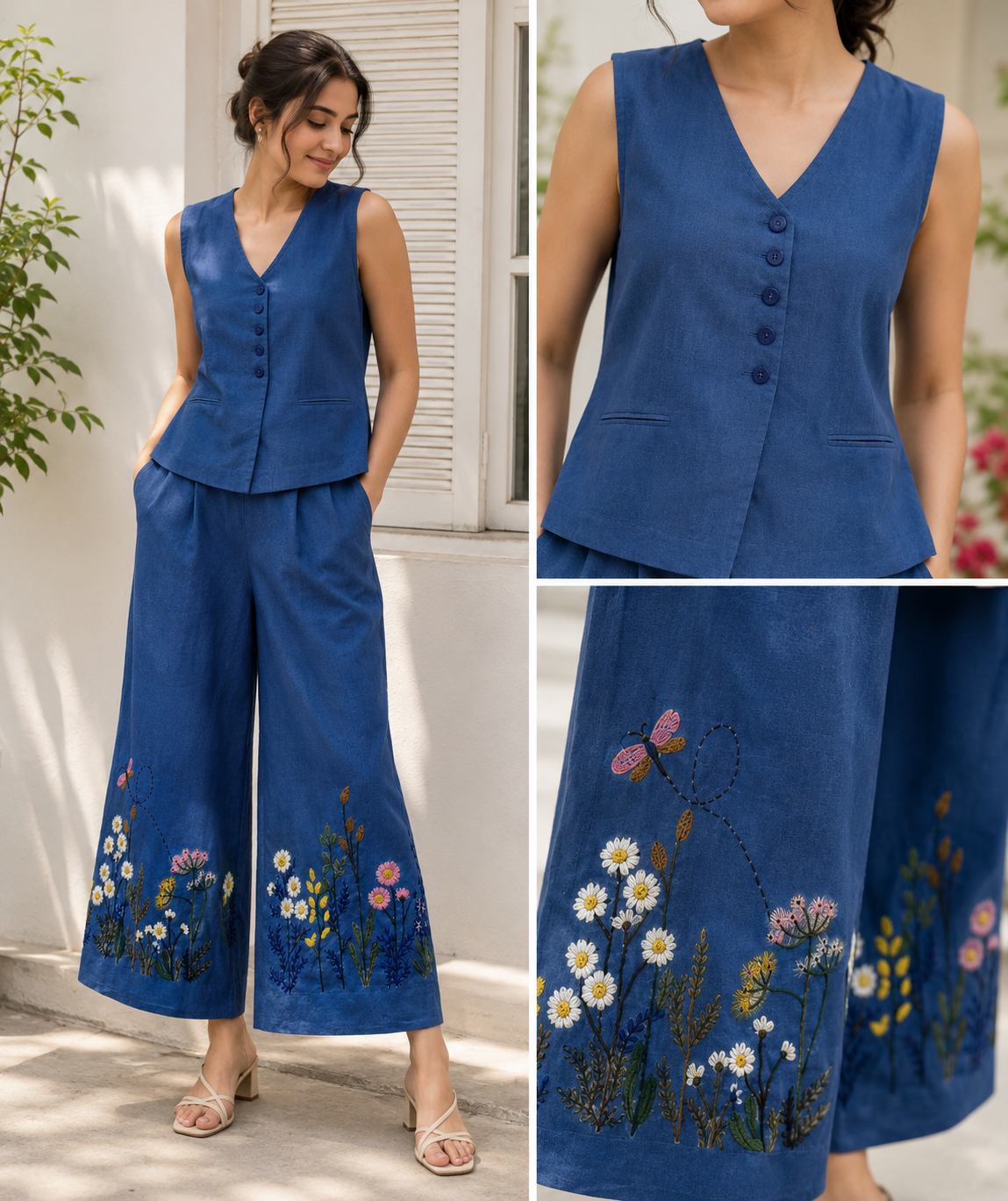 Blue Embroidered Vest and Palazzo Co-ord Set