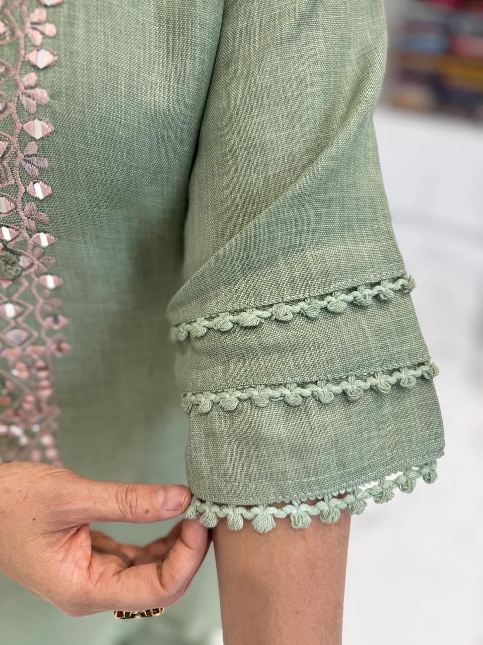 Sage Green Mirror-Embroidered Kurta & Palazzo Set
