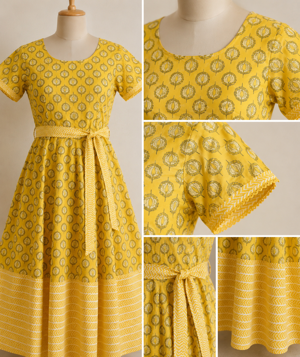 Mustard Yellow Printed Cotton A-Line Midi Dress