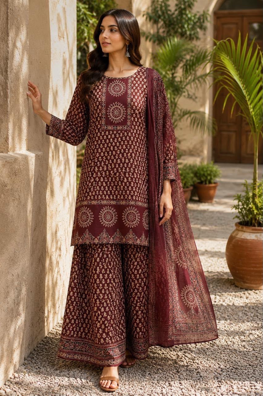 Block Printed Short Kurti with Flared Sharara & Dupatta Set