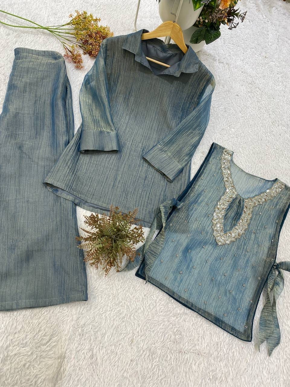 Textured Shimmer Co-Ord Set with Embroidered Vest