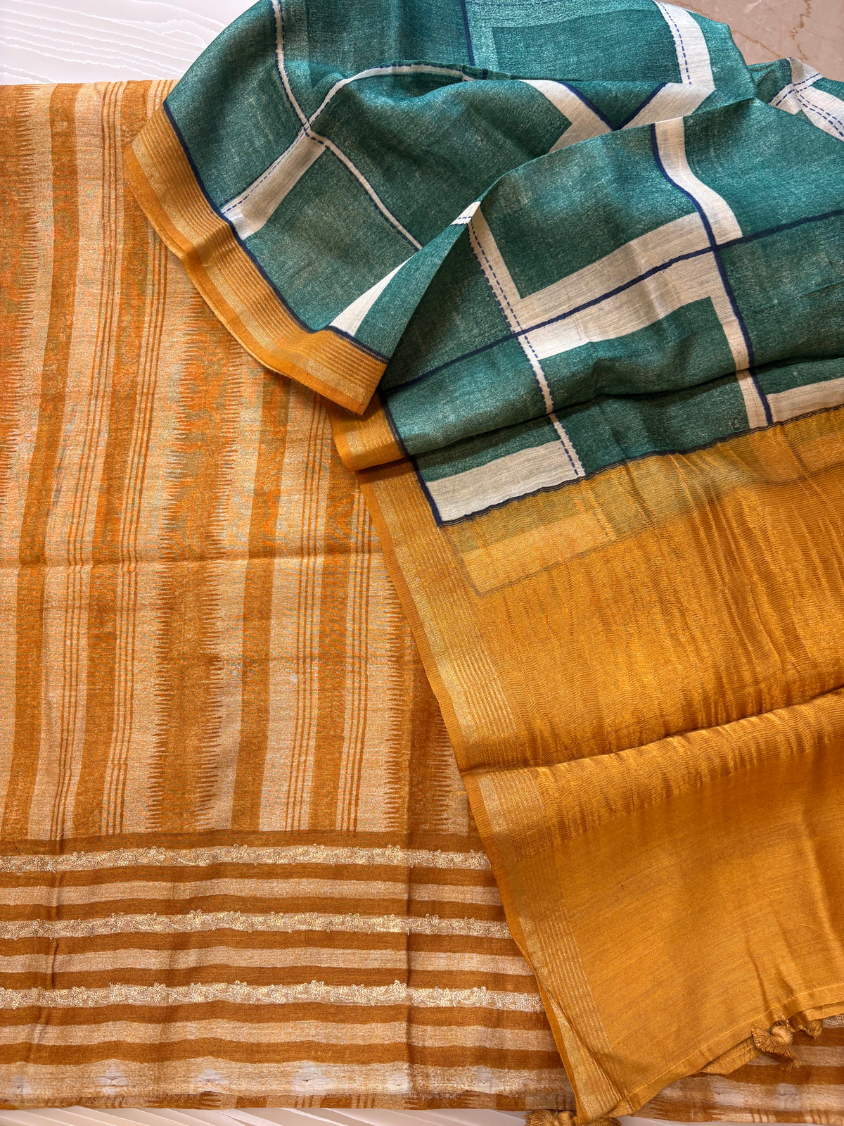 Mustard Teal Checked Semi-Stitched Suit with Dupatta