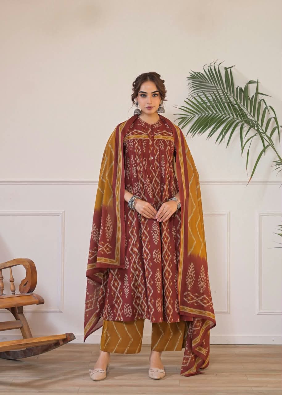Maroon Ikkat Printed Anarkali Kurta Set with Pocket Details & Dupatta