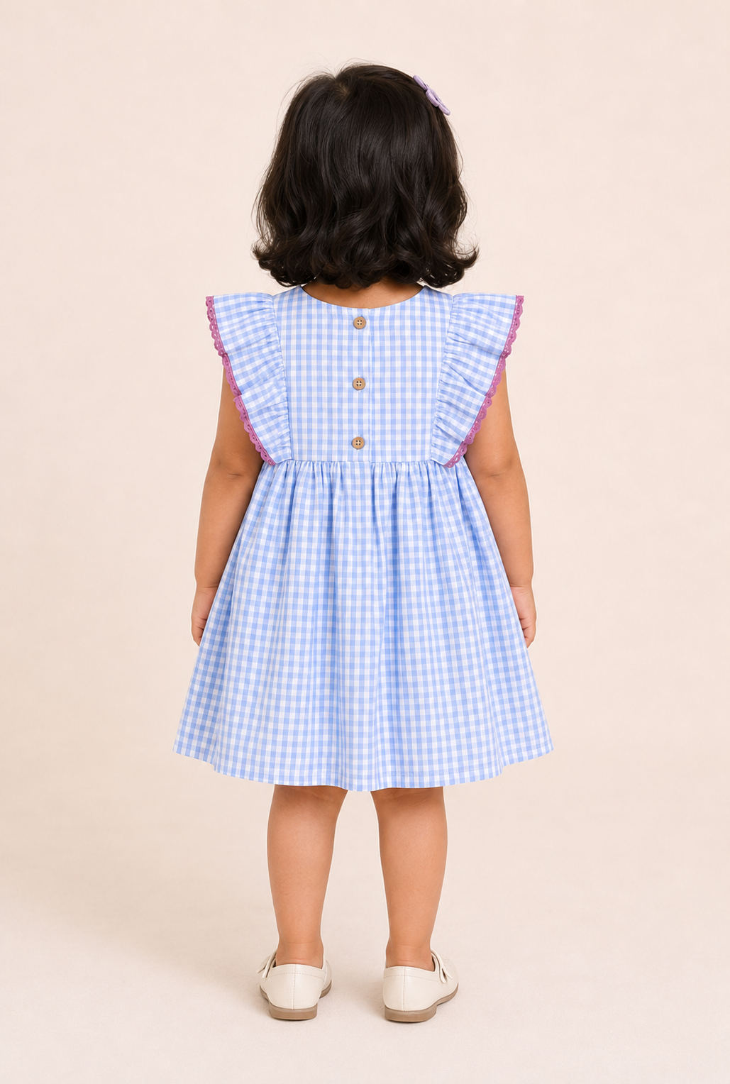 Sky Blue Gingham Embroidery Cotton Dress for Girls