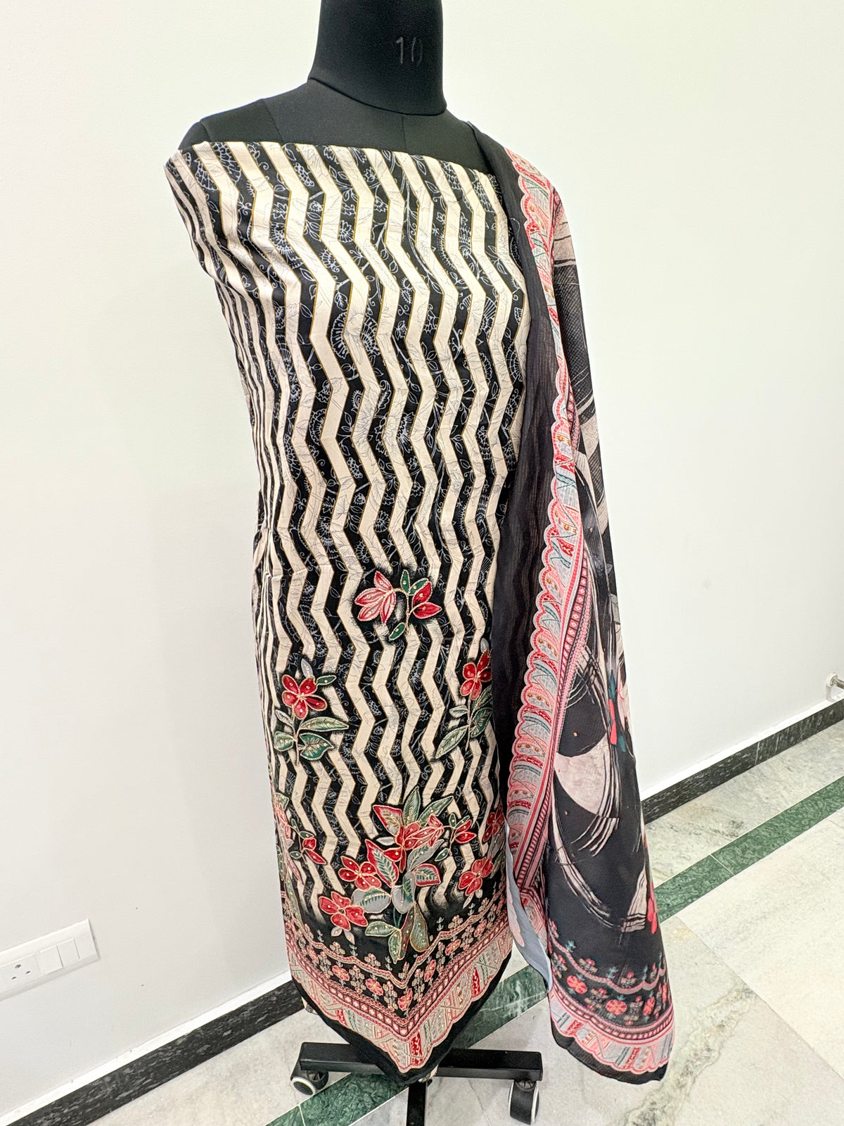 Black Floral Chevron Semi-Stitched Suit with Dupatta