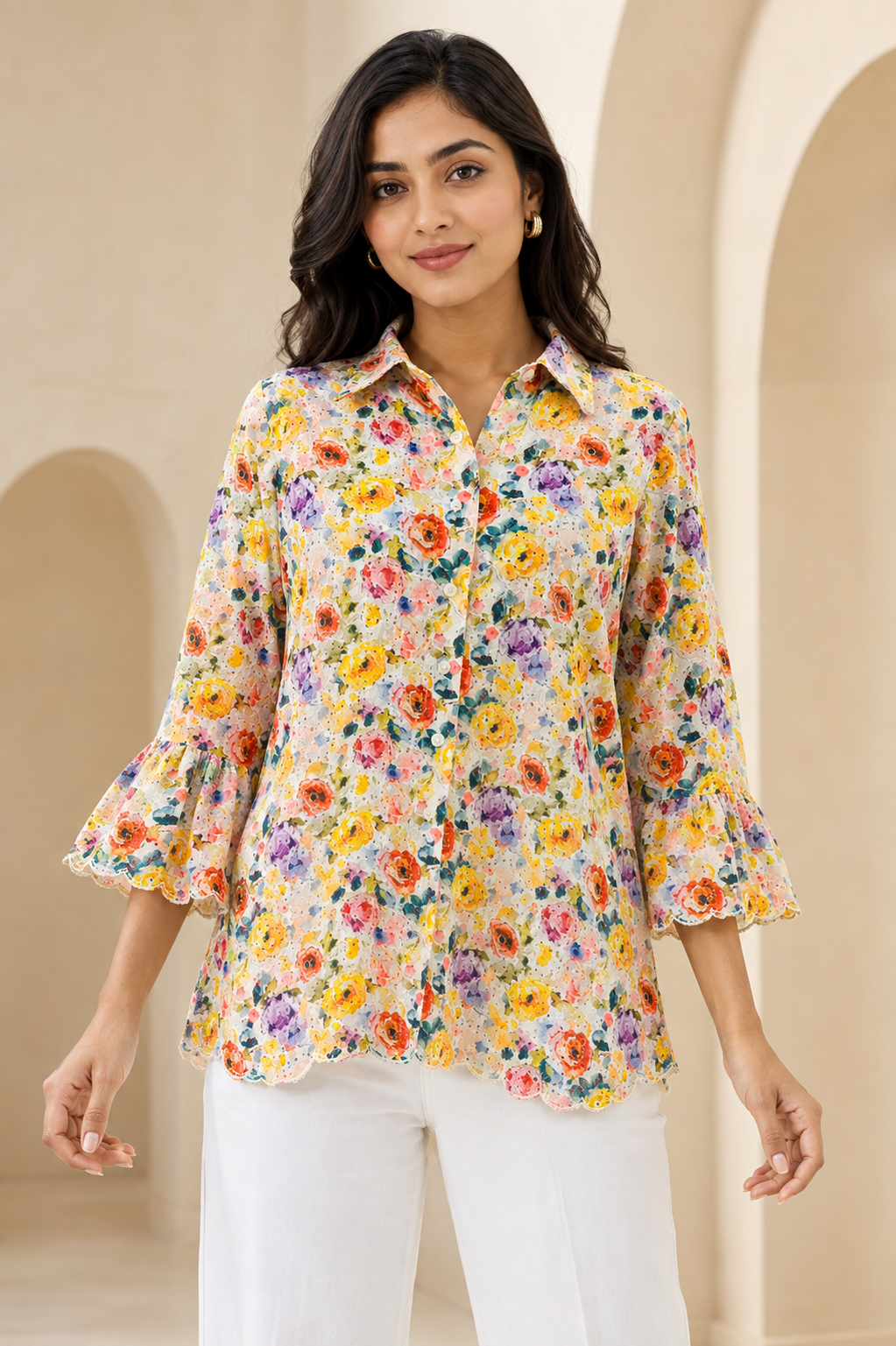 White Multicolour Floral Printed Eyelet Embroidered Ruffle Shirt Top