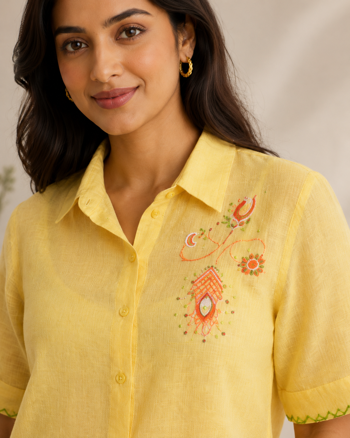 Yellow Hand Paint & Embroidered Collared Button-Down Tunic for Women