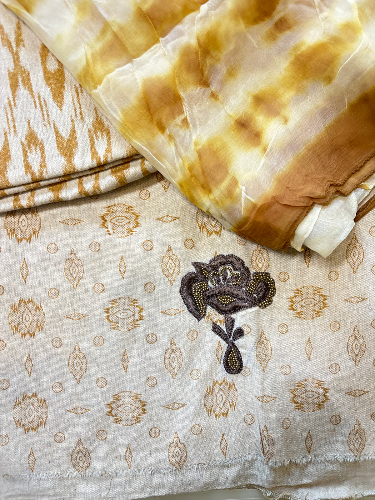 Ivory Mustard Embroidered Semi-Stitched Suit with Dupatta
