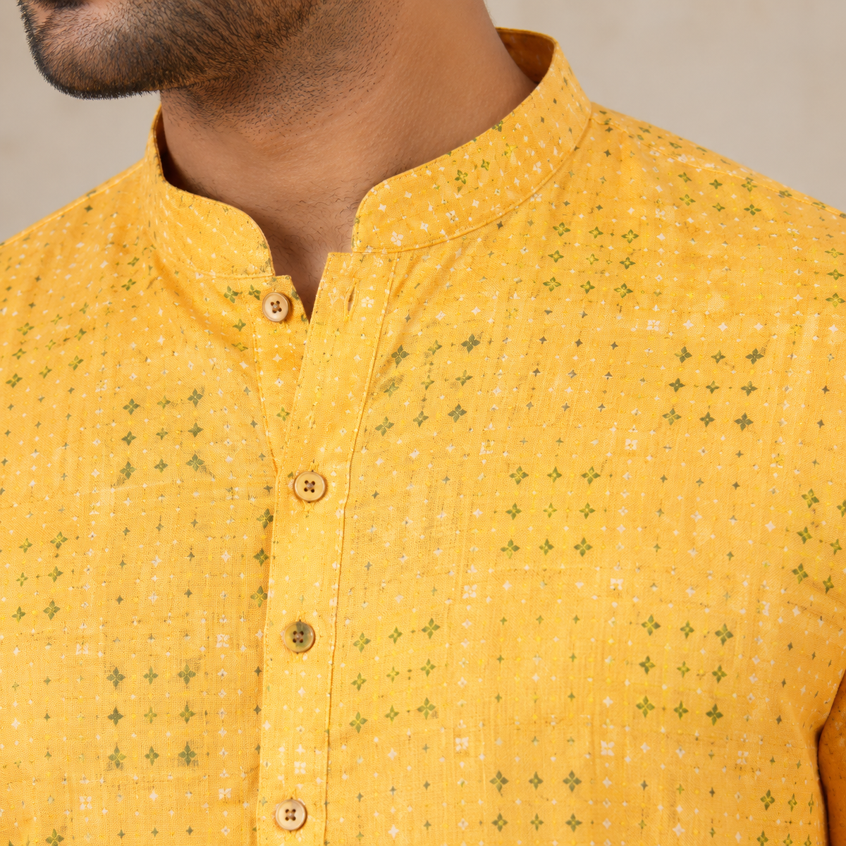 Mustard Yellow Printed Cotton Kurta for Men