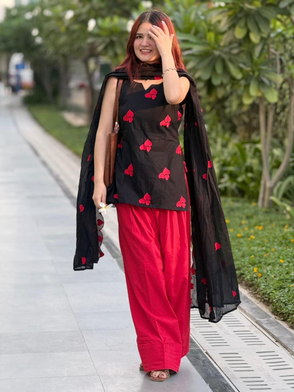 Black & Red Heart Embroidered Short Kurti Set with Farshi Salwar & Dupatta