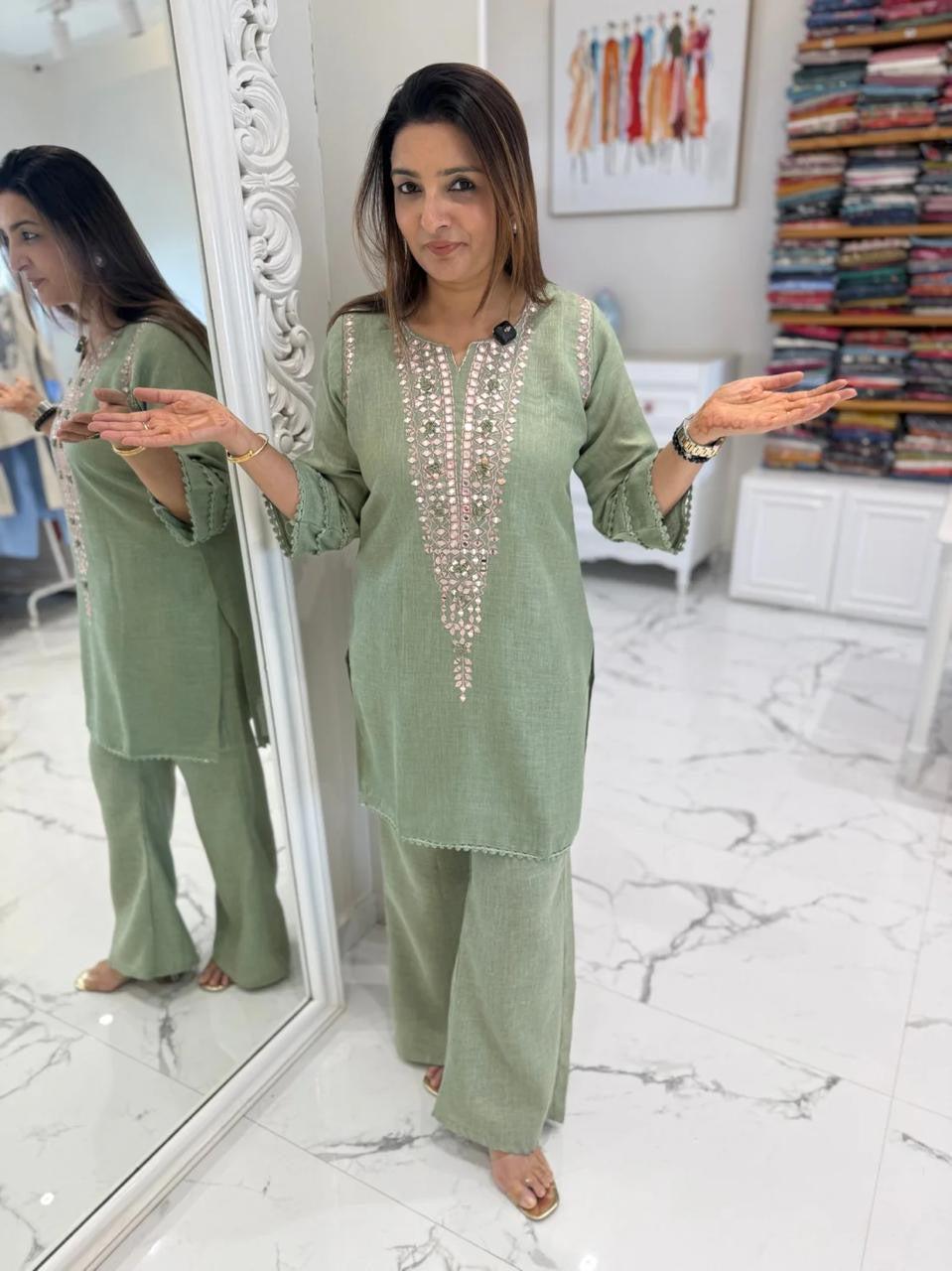 Sage Green Mirror-Embroidered Kurta & Palazzo Set
