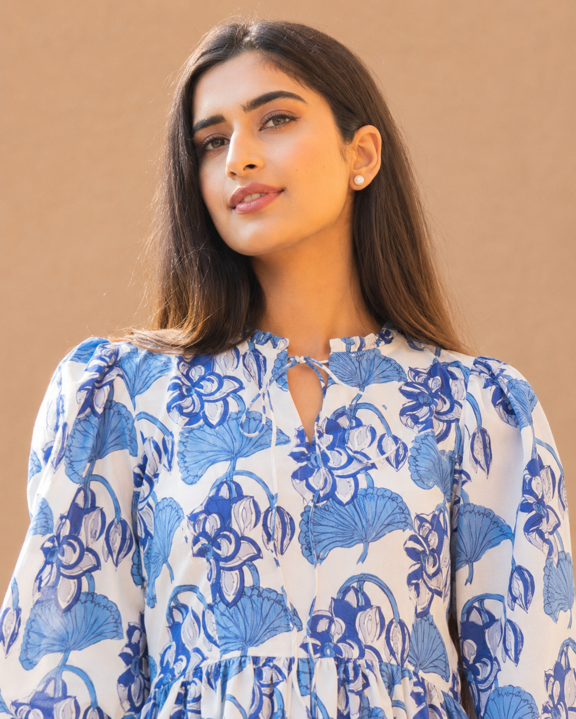 White Blue Floral Print A-Line Midi Dress for Women