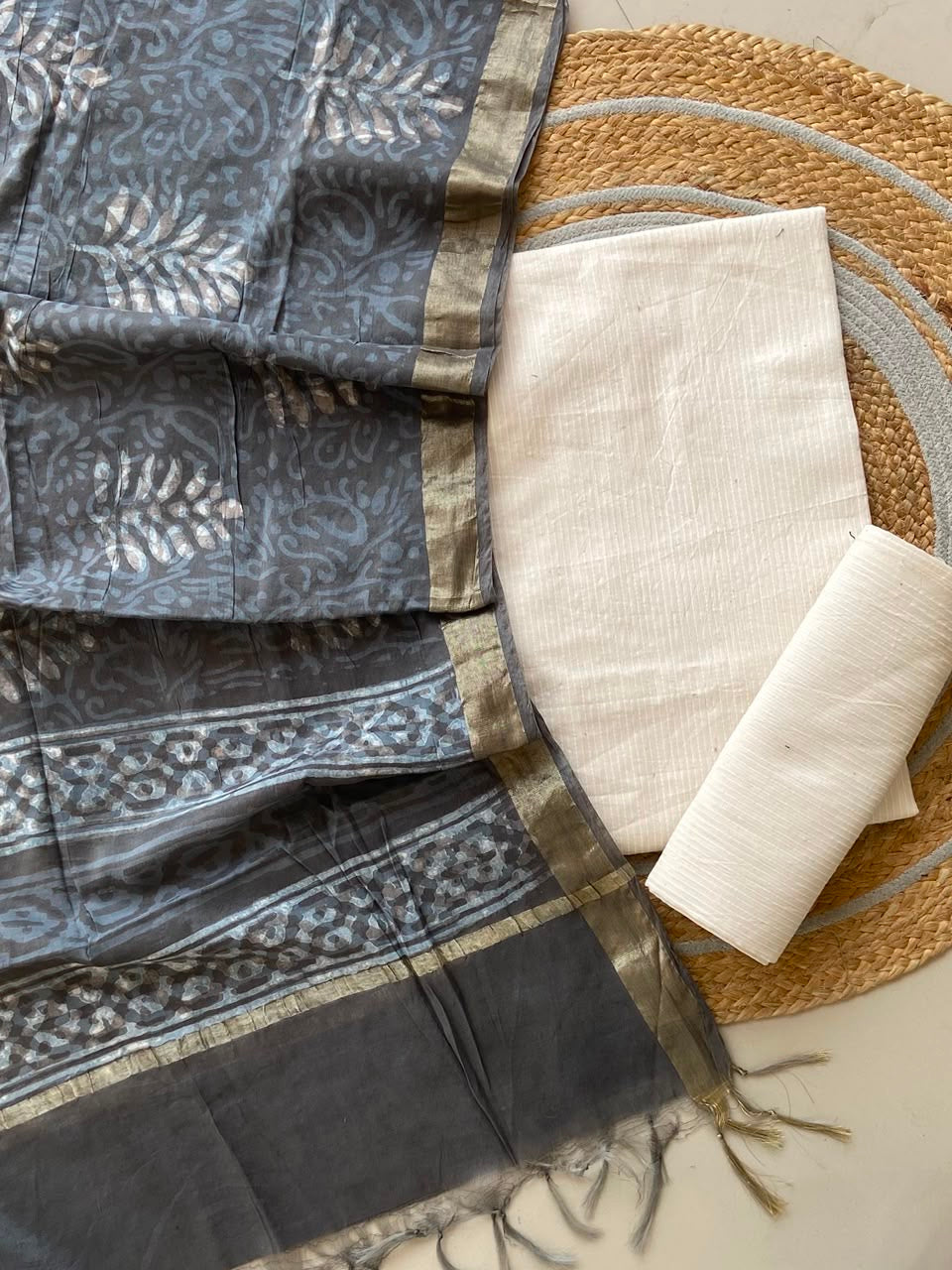 Grey Ivory Kantha Cotton Collection Suit Set