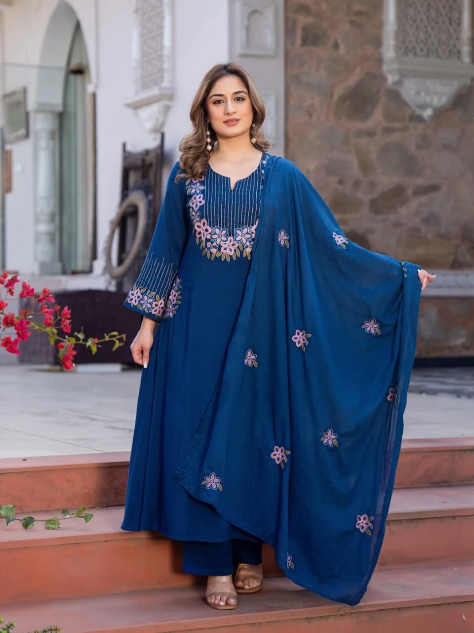 Blue Premium Embroidered Cotton Suit Set with Pockets