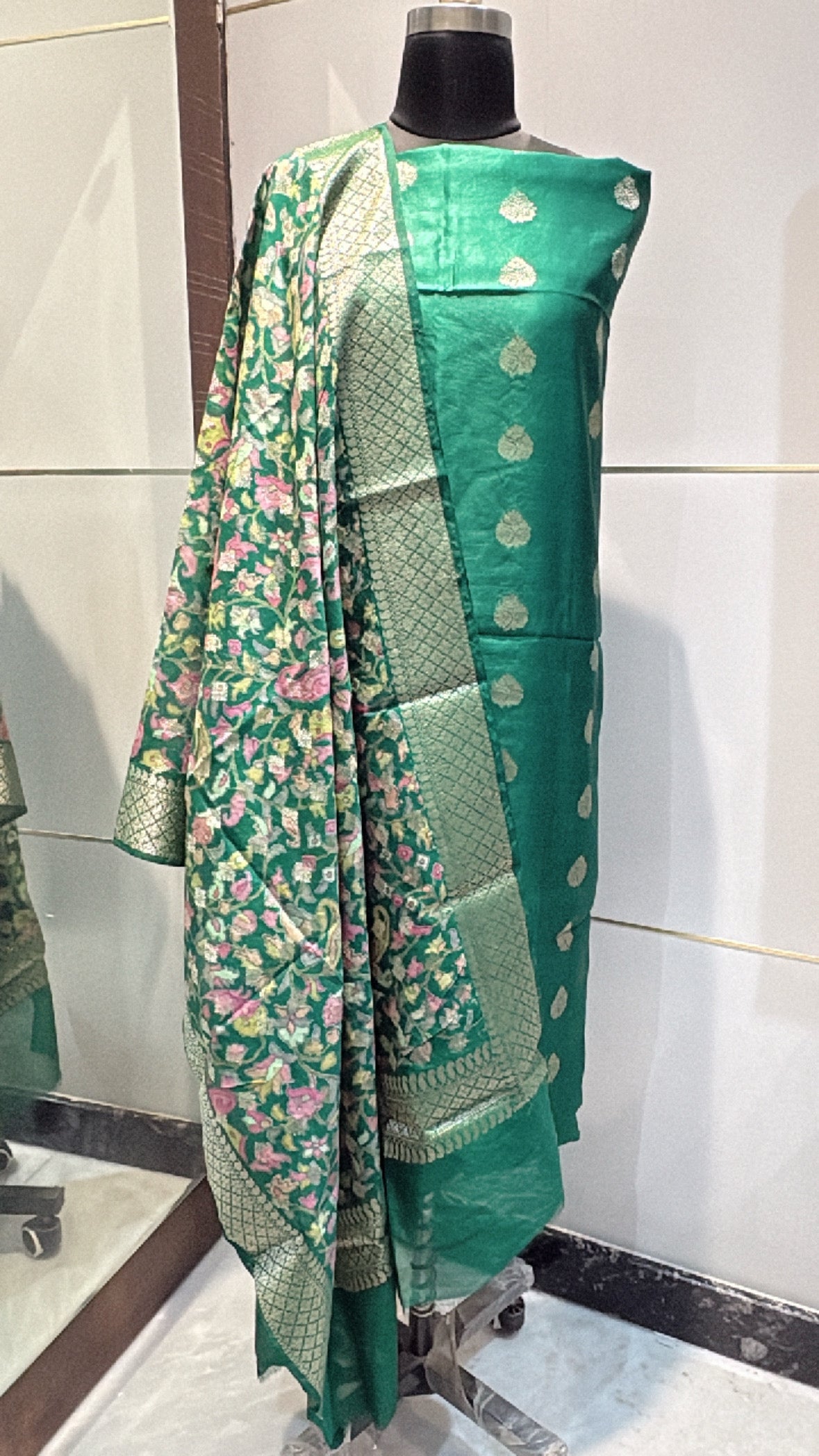 Emerald Green Floral Semi-Stitched Suit with Dupatta