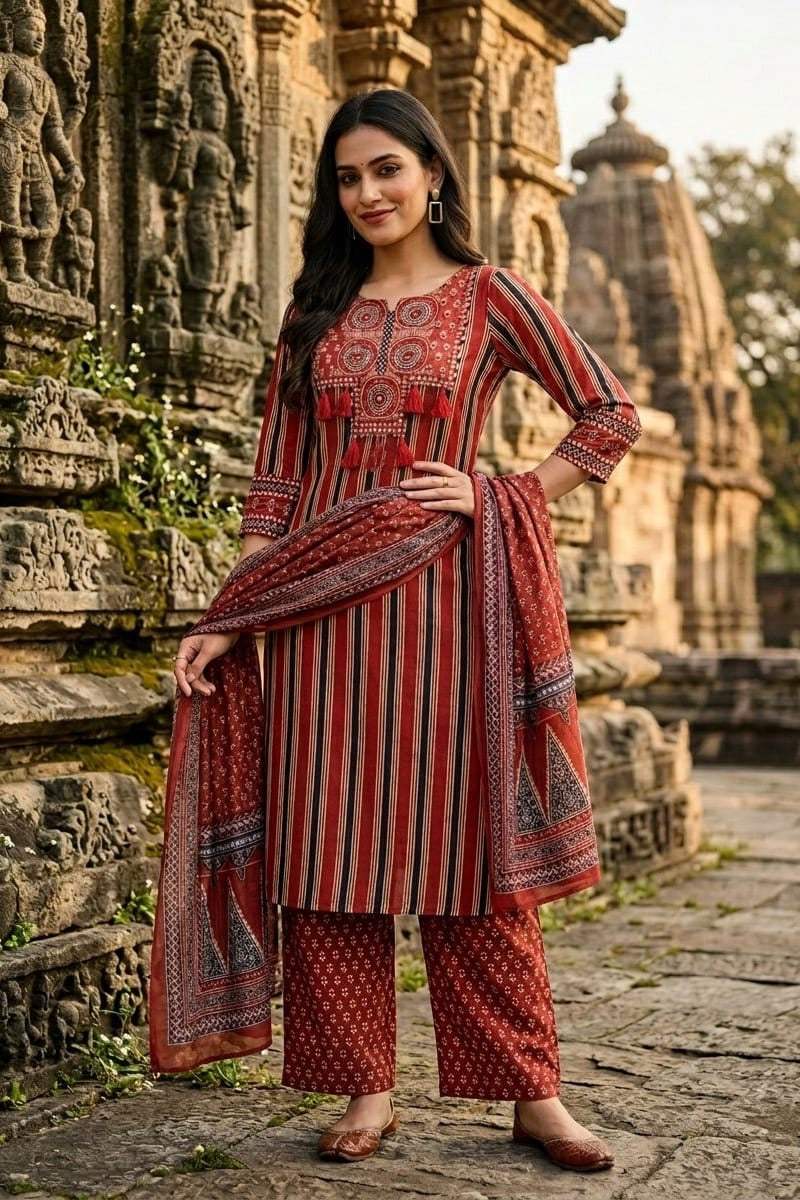 Rust Red Printed Kurta Set with Tassels & Dupatta