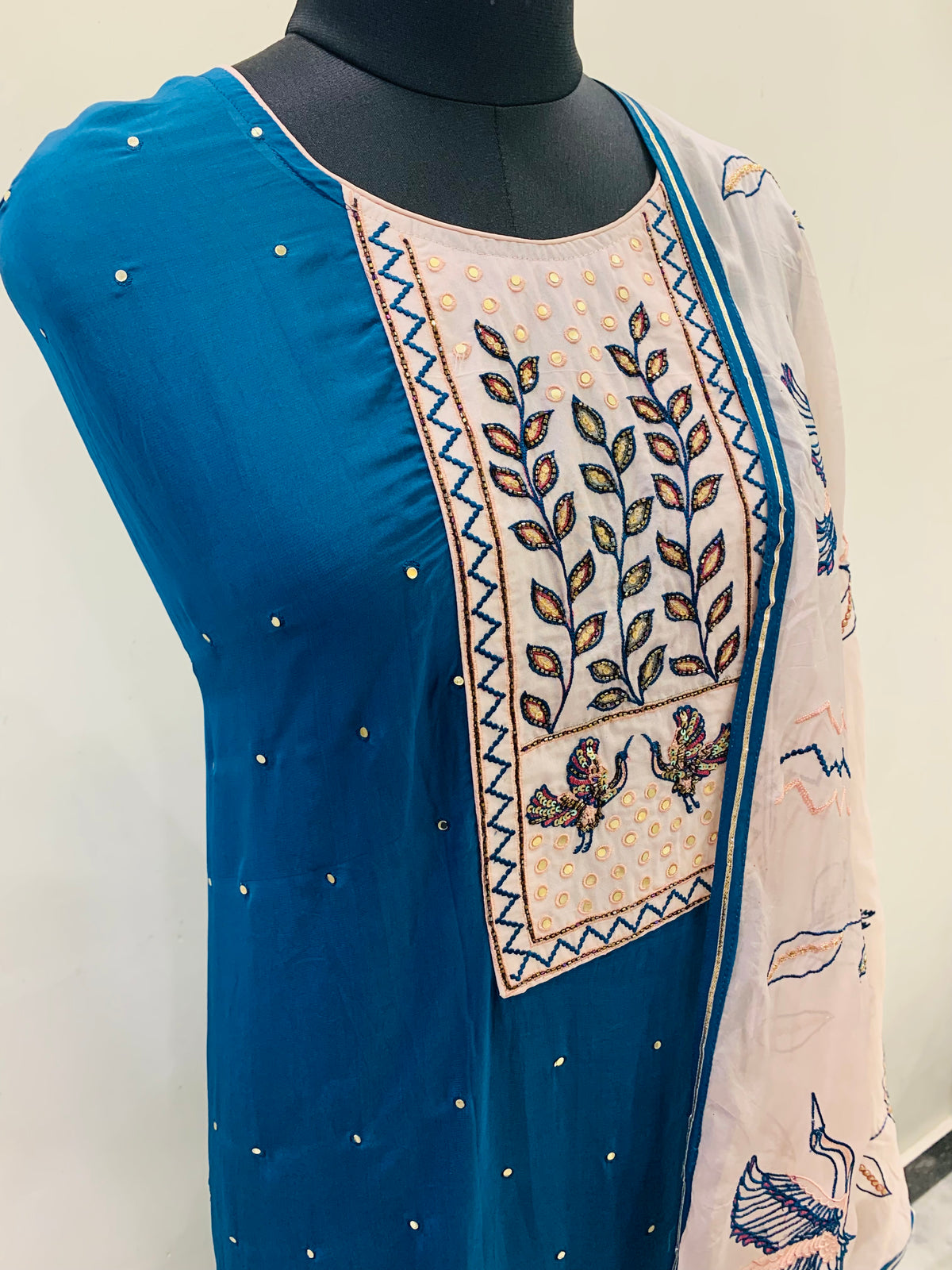 Teal Blue Embroidered Semi-Stitched Suit with Printed Dupatta