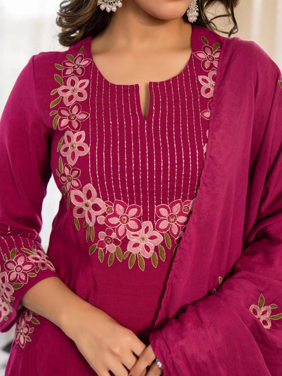Wine Premium Embroidered Cotton Suit Set with Pockets