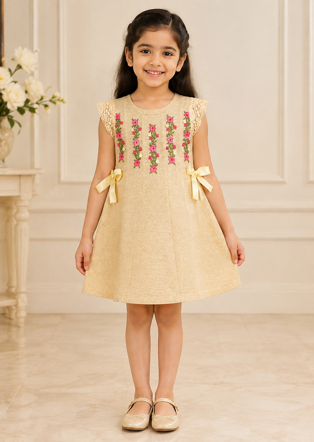 Beige Floral Embroidered Party Dress for Girls