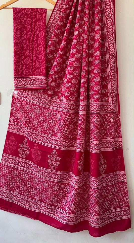 Pink Hand Block Printed Cotton Saree
