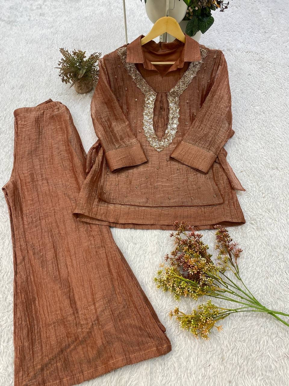 Textured Shimmer Co-Ord Set with Embroidered Vest