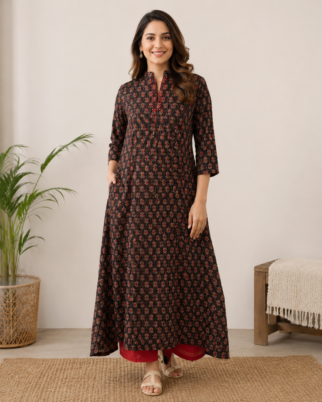 Embellished Brown Floral Printed Straight Kurti