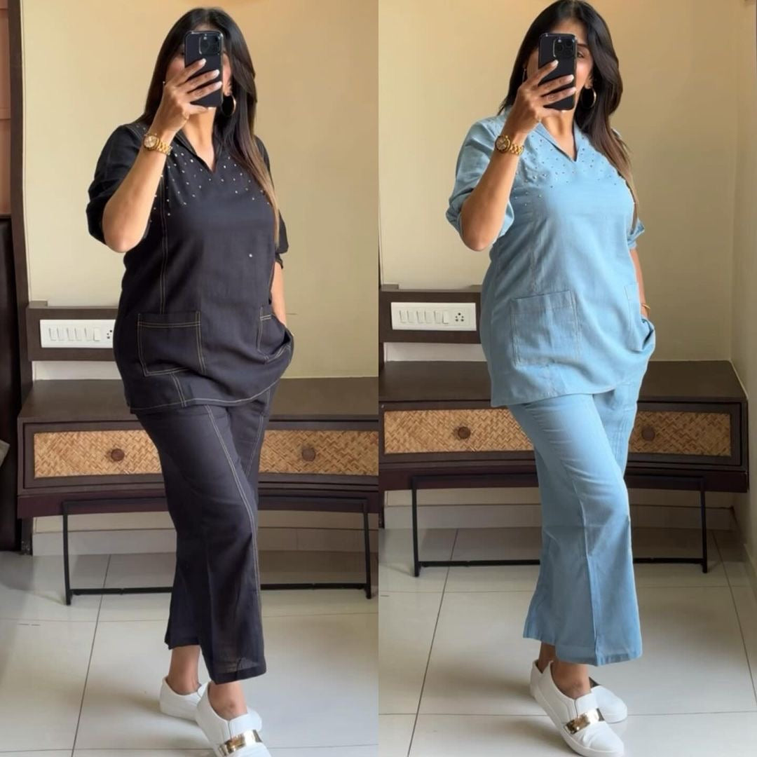 Powder Blue Contrast Stitch Co-ord Set with Pearl Detailing