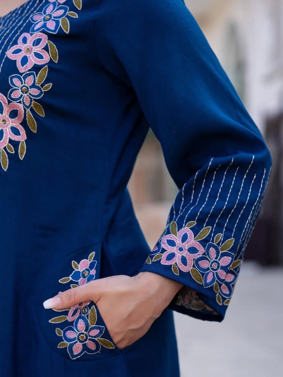 Blue Premium Embroidered Cotton Suit Set with Pockets