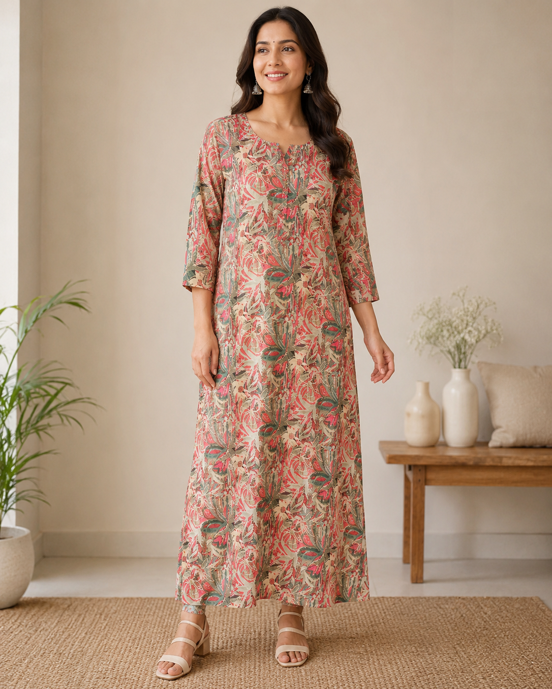 Beige Multicolour Botanical Printed Kurti
