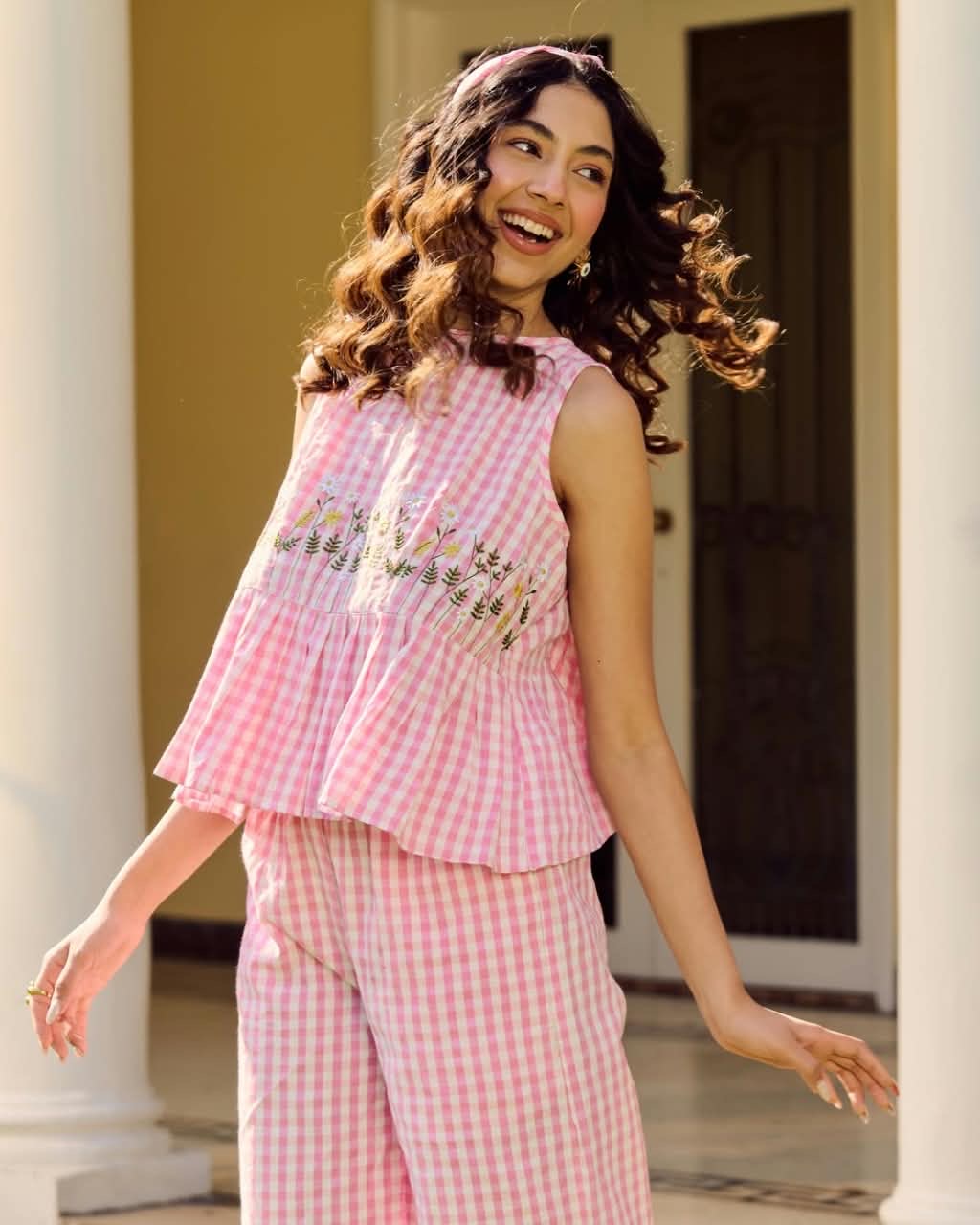 Pink Gingham Floral Embroidered Peplum Top & Trousers Set