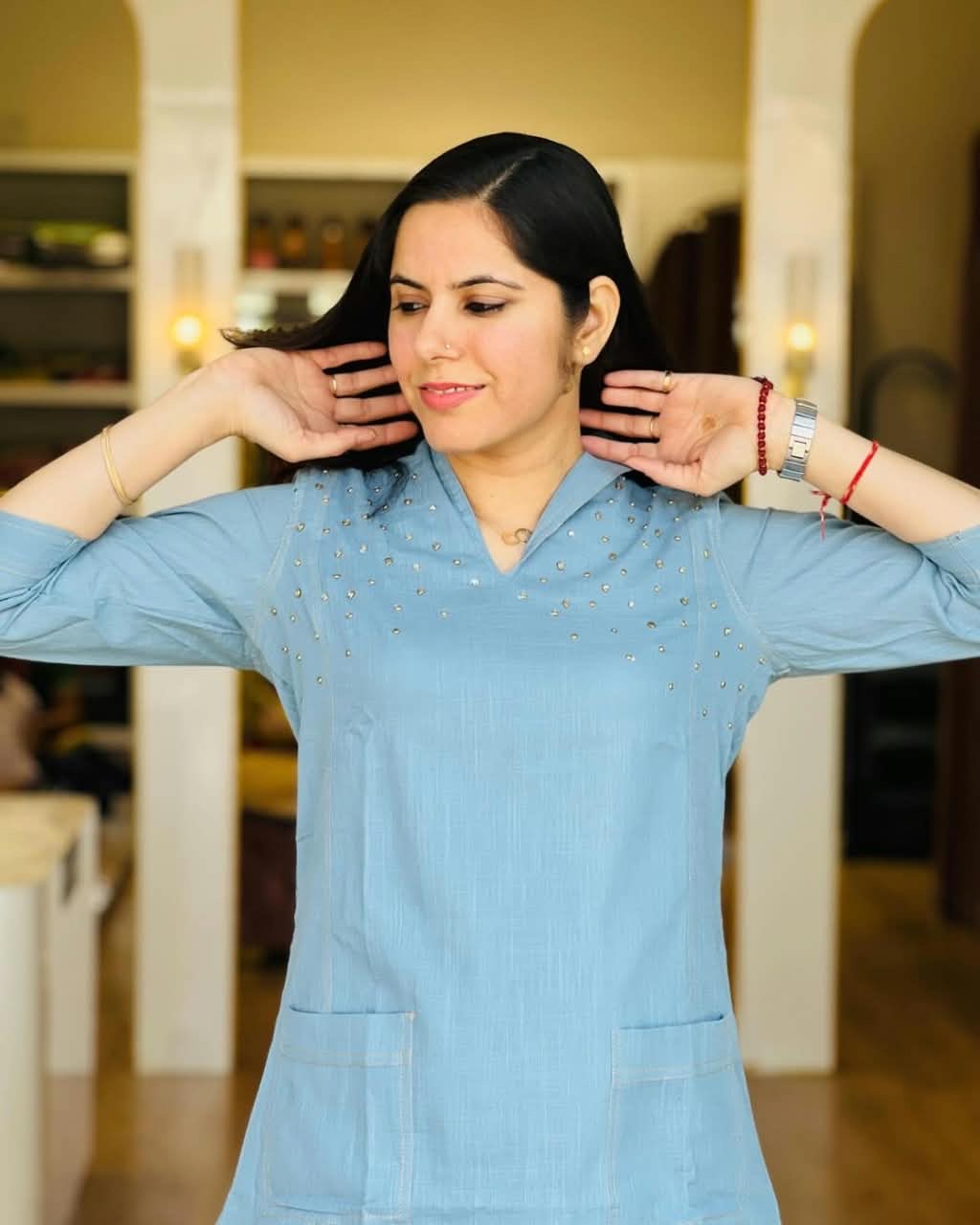 Powder Blue Contrast Stitch Co-ord Set with Pearl Detailing