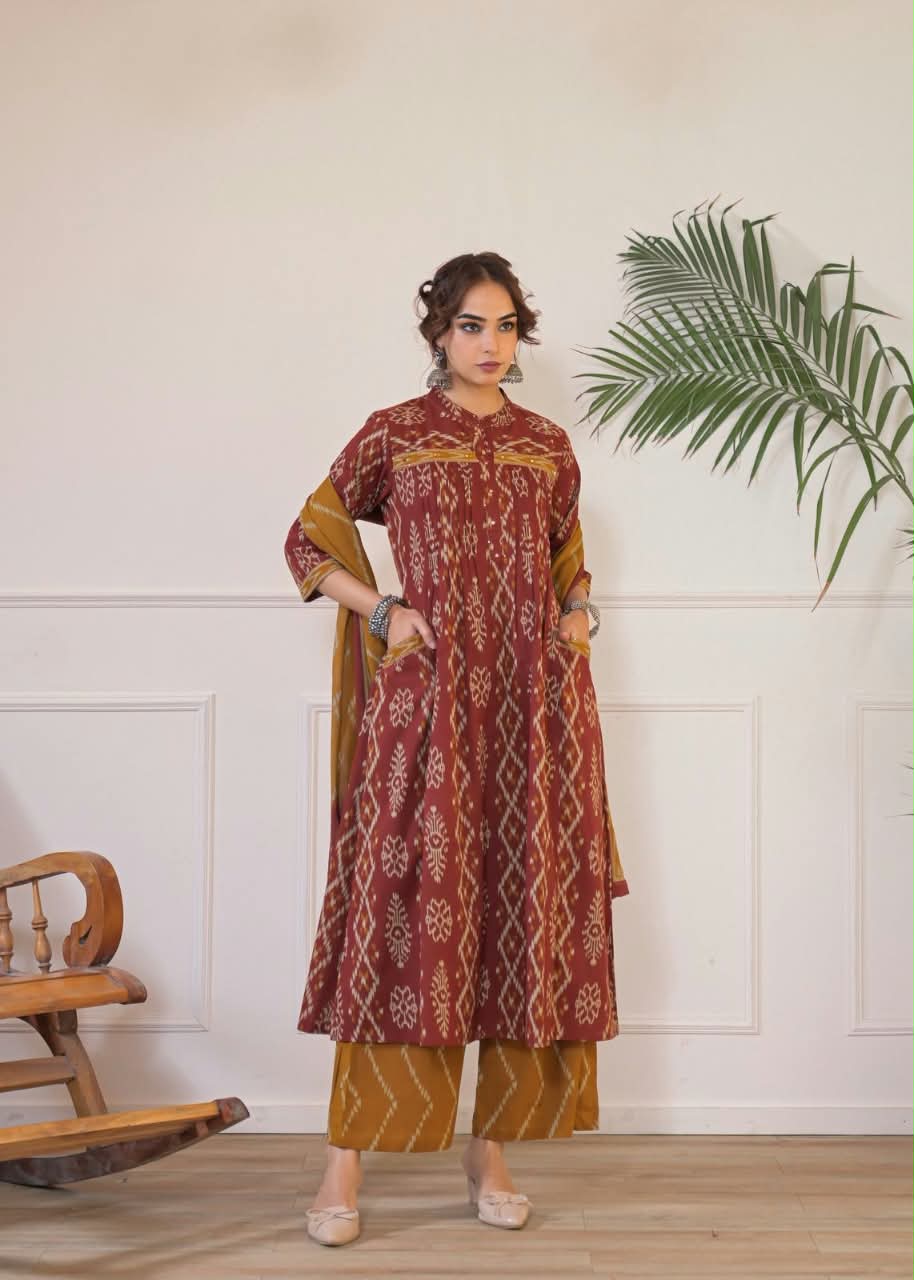 Maroon Ikkat Printed Anarkali Kurta Set with Pocket Details & Dupatta