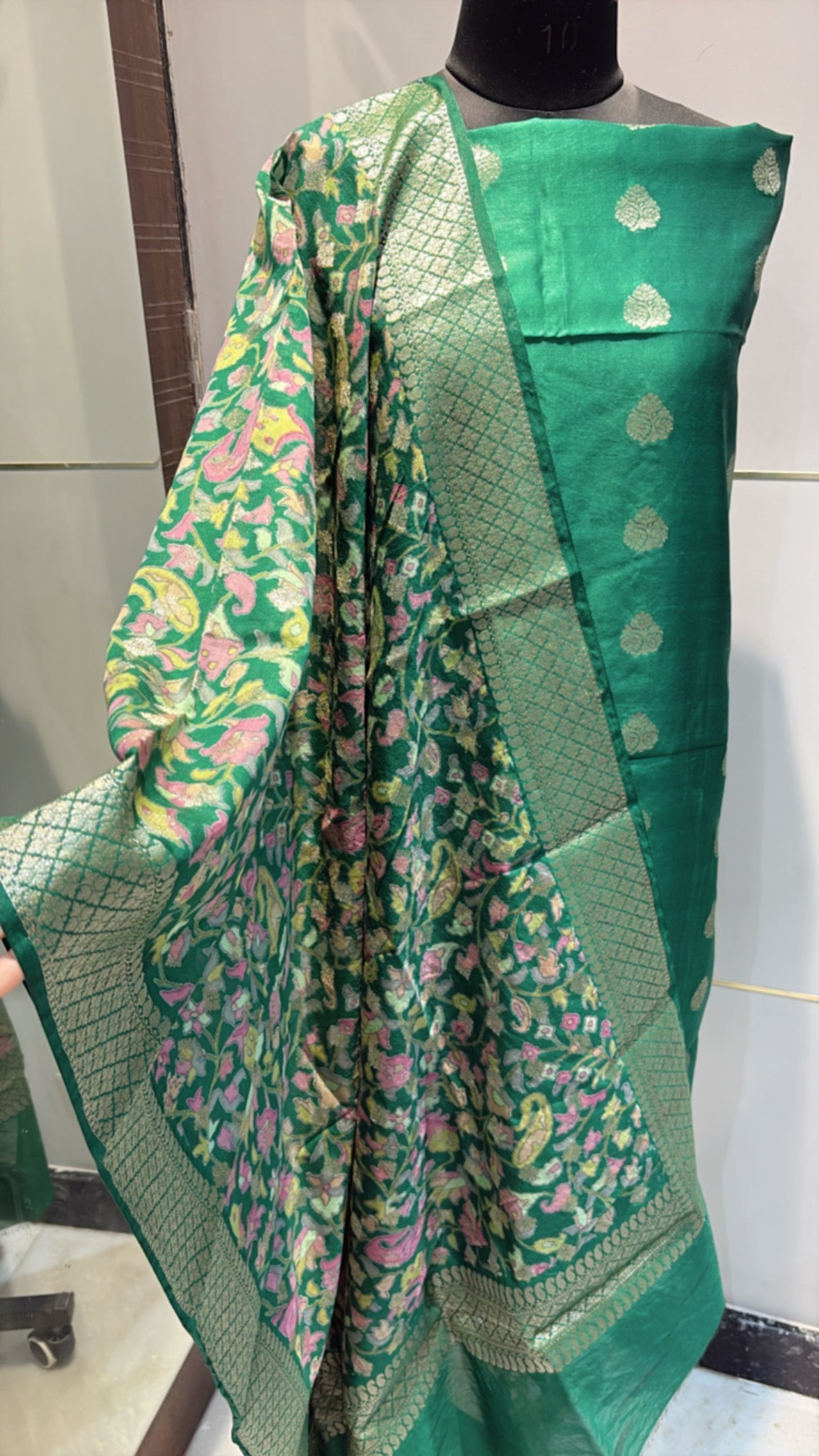 Emerald Green Floral Semi-Stitched Suit with Dupatta