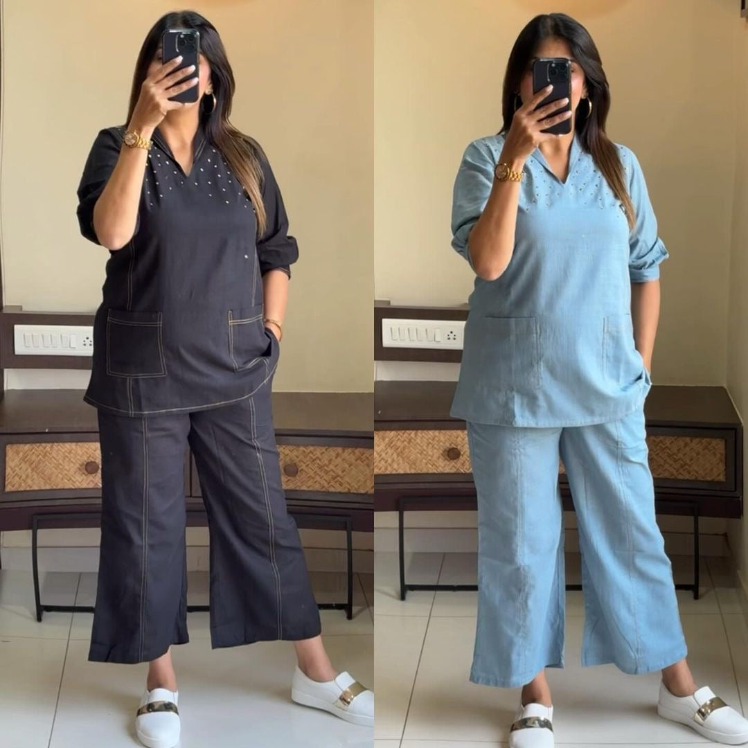 Powder Blue Contrast Stitch Co-ord Set with Pearl Detailing