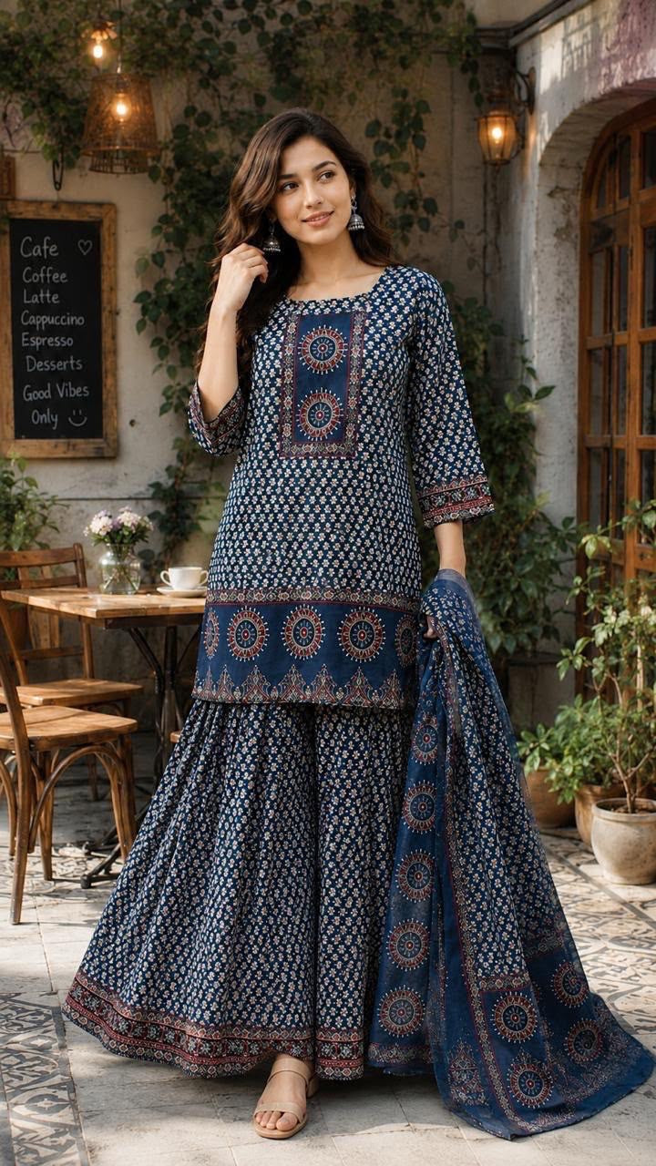 Block Printed Short Kurti with Flared Sharara & Dupatta Set