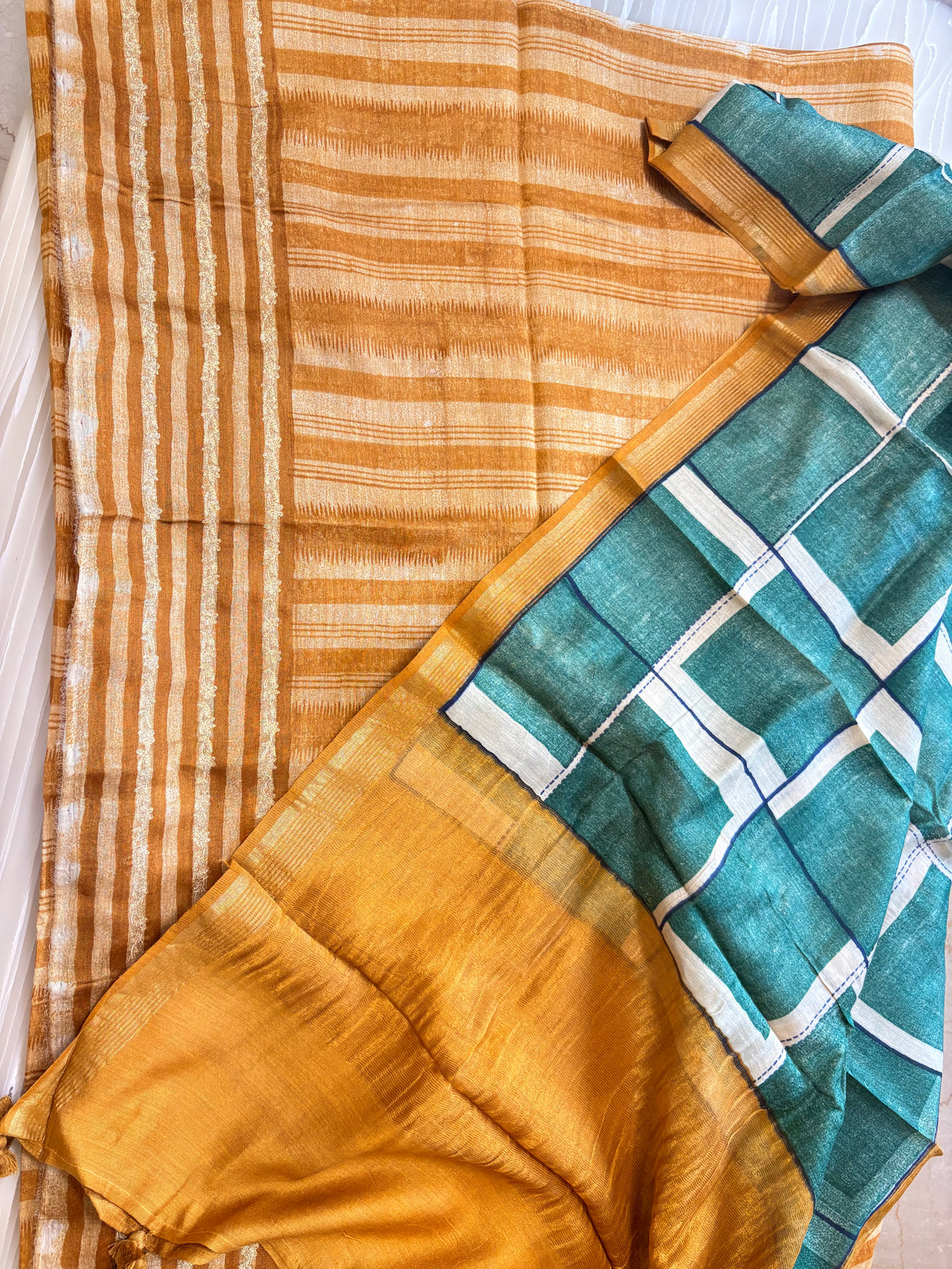 Mustard Teal Checked Semi-Stitched Suit with Dupatta