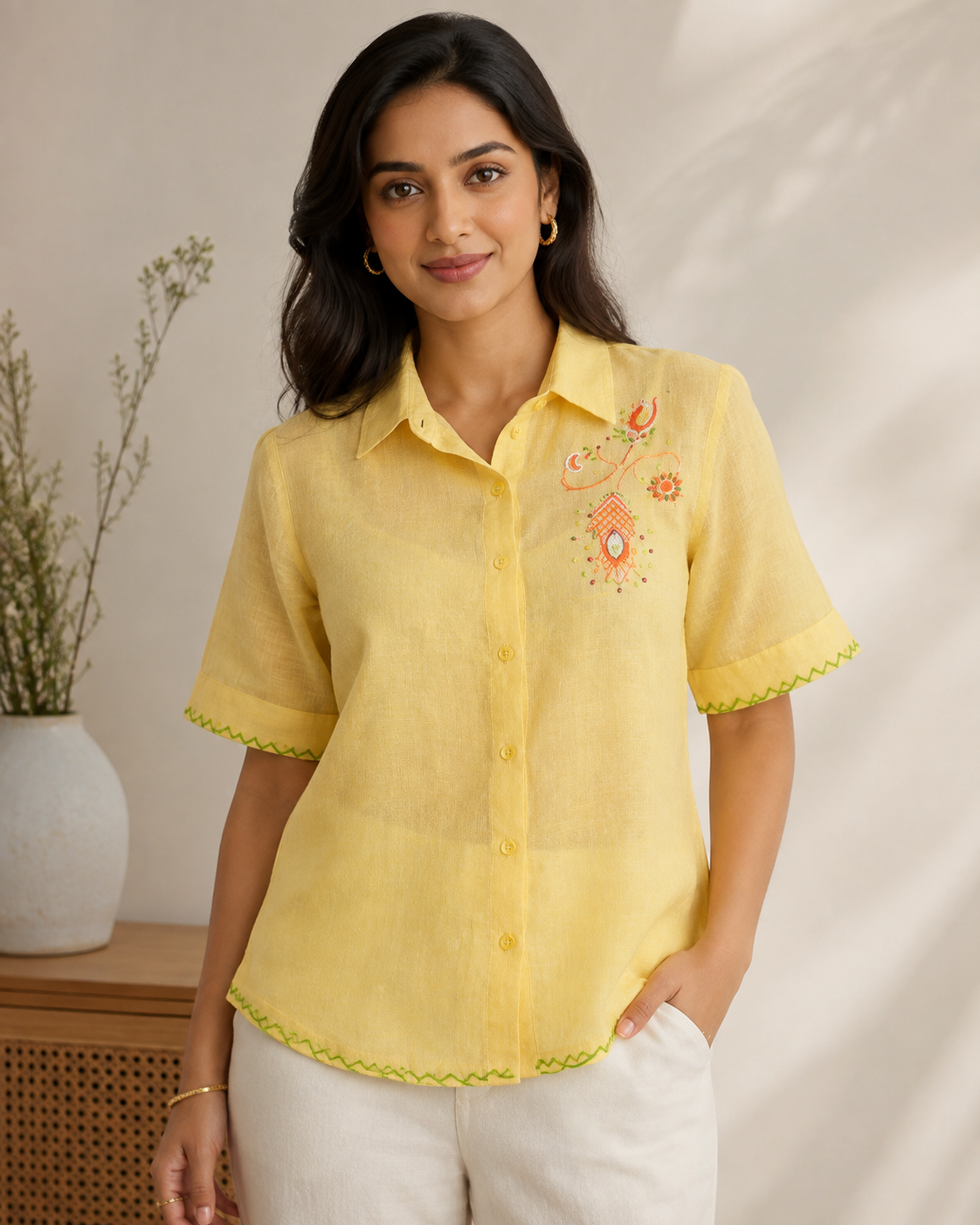 Yellow Hand Paint & Embroidered Collared Button-Down Tunic for Women