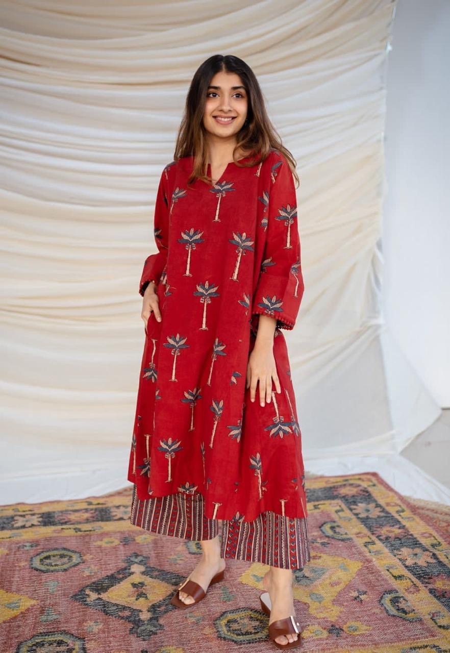 Crimson Red Palm Tree Printed Flared Kurta & Trousers Set
