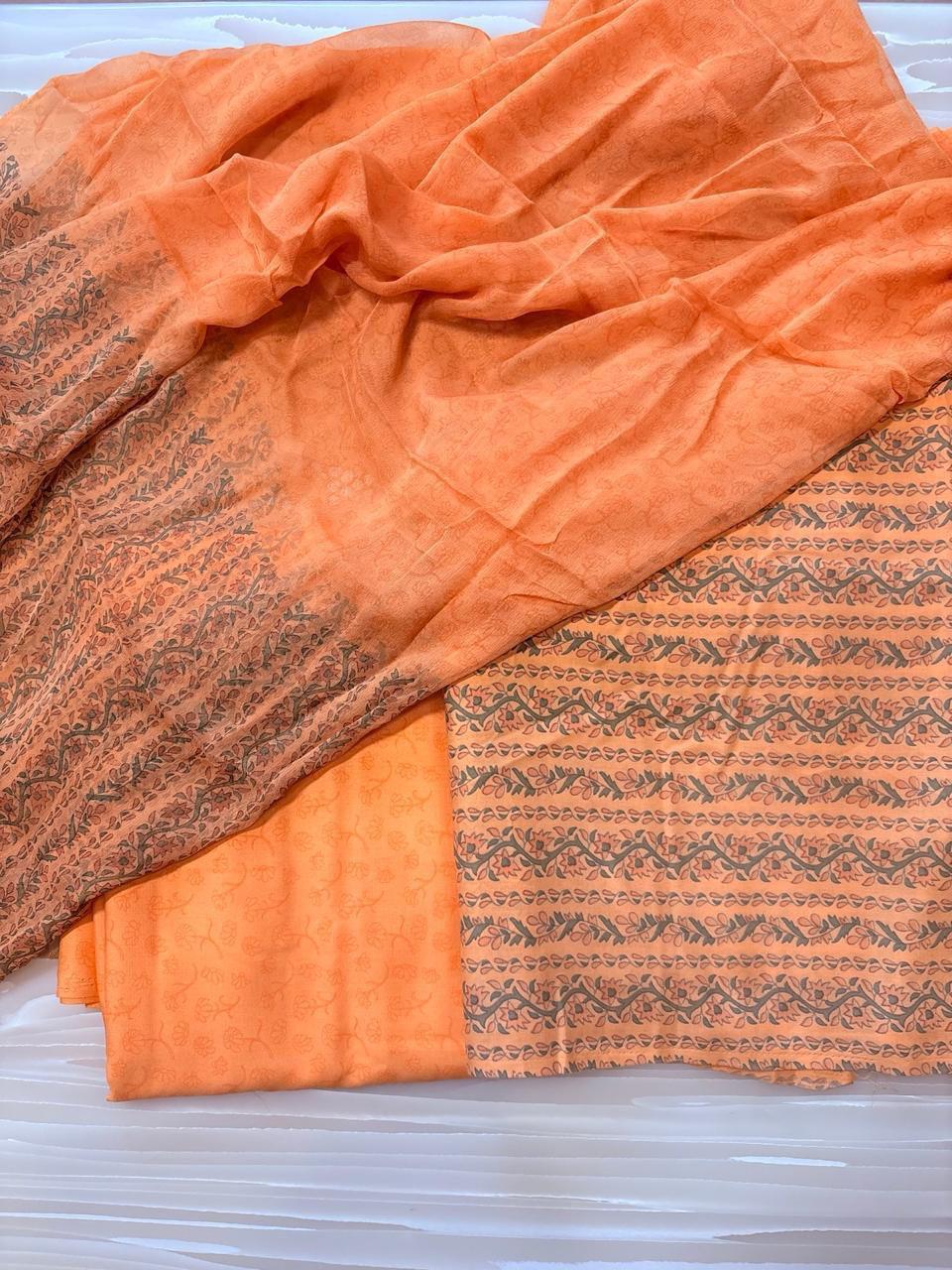 Orange Printed Semi-Stitched Suit with Dupatta