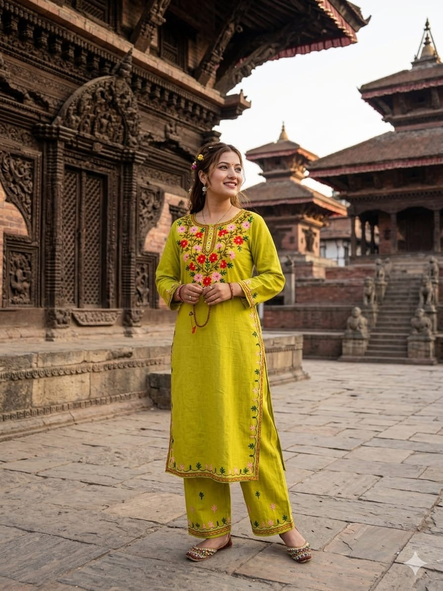 Lime Green Floral Embroidered Kurta & Trousers Set