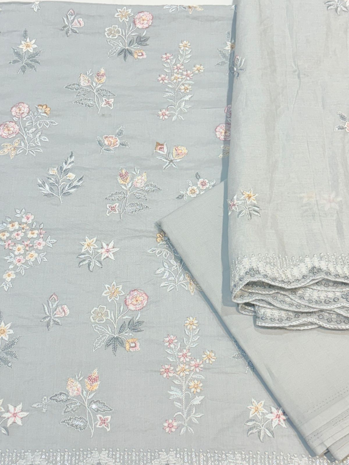 Powder Blue Floral Embroidered Semi-Stitched Suit with Dupatta