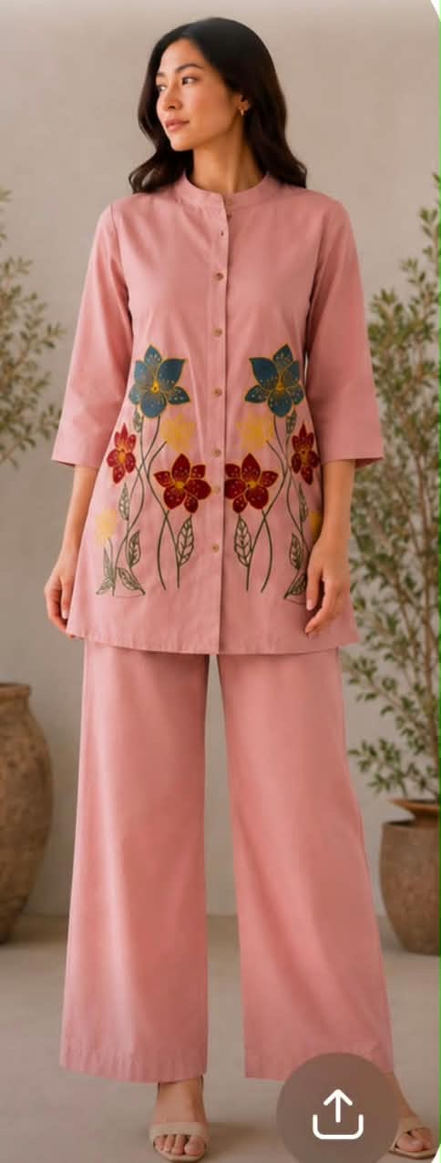 Pink Floral Embroidered Coord Set