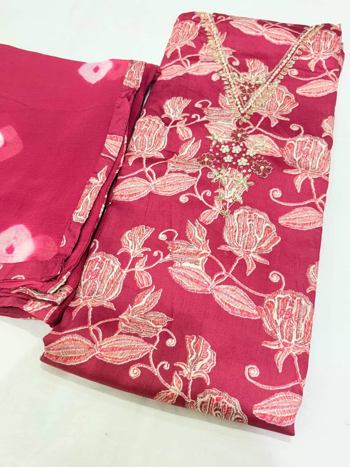 Plum Pink Floral Embroidered Semi-Stitched Suit with Dupatta