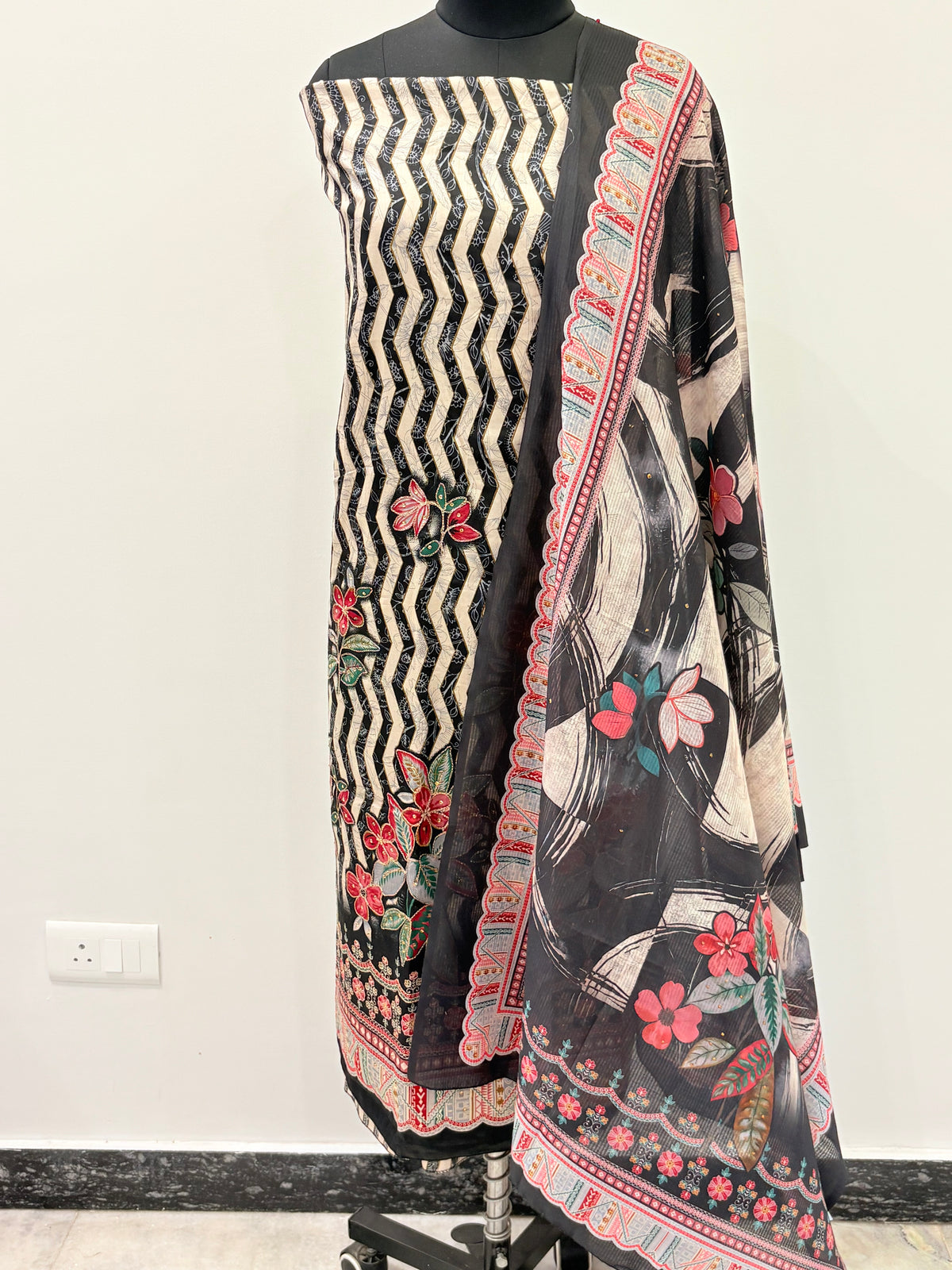 Black Floral Chevron Semi-Stitched Suit with Dupatta