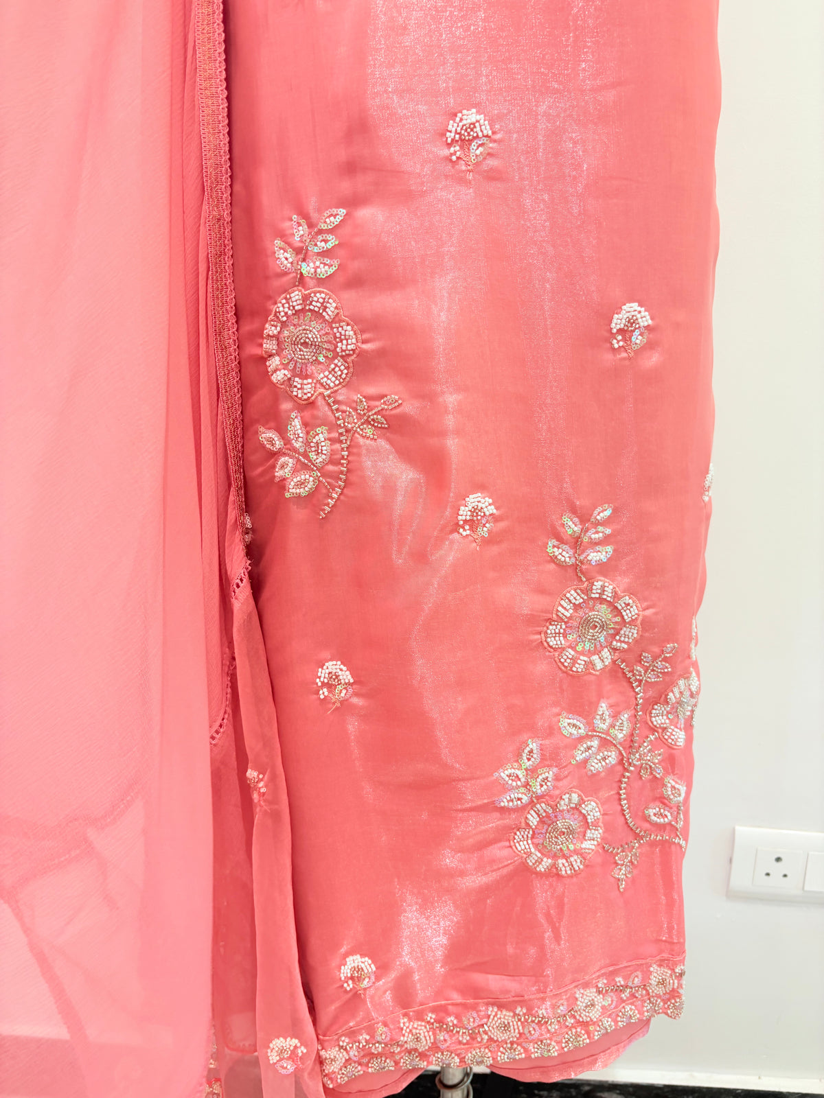 Peach Pink Embroidered Semi-Stitched Suit with Dupatta