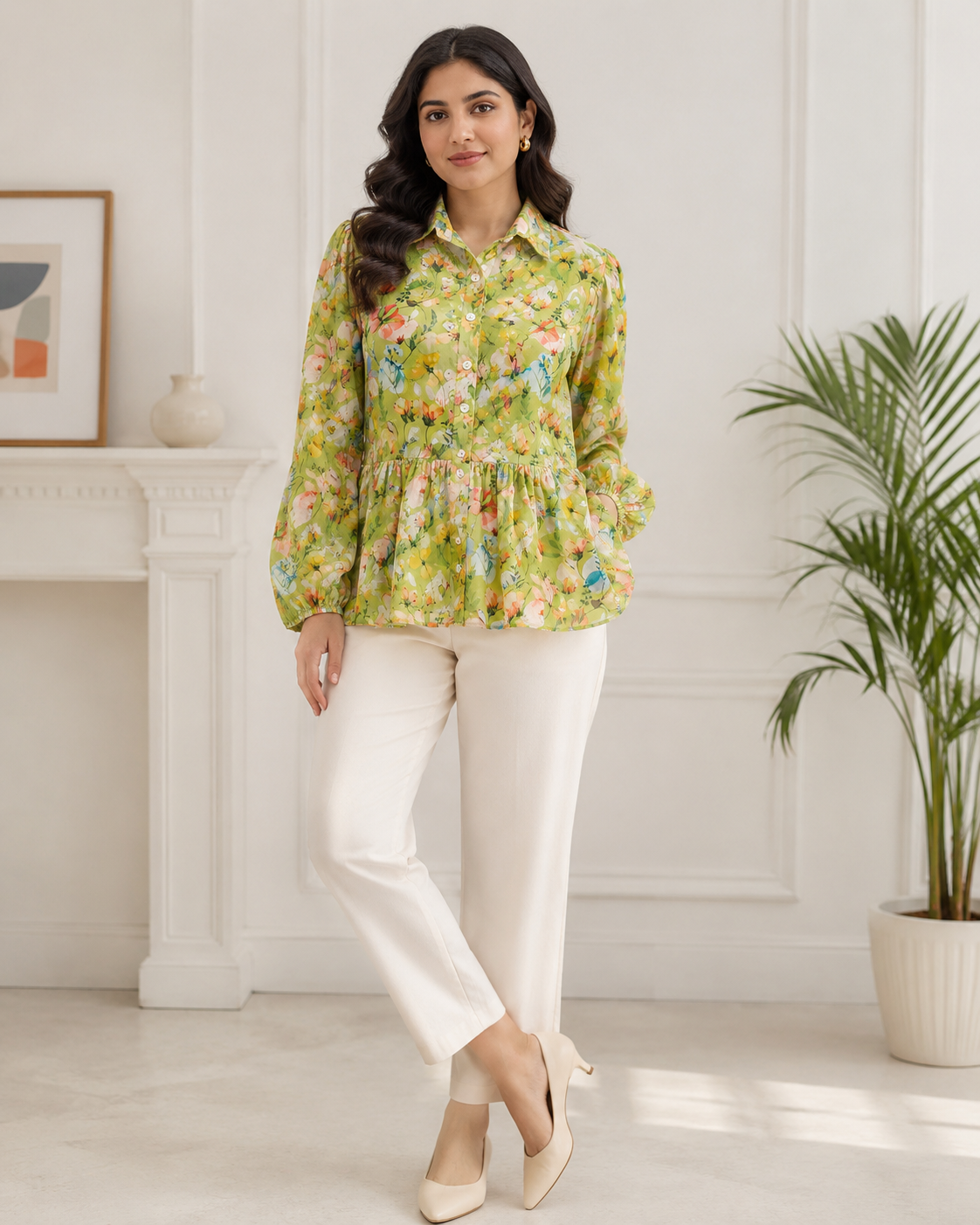 Green Floral Print Peplum Tunic for Women